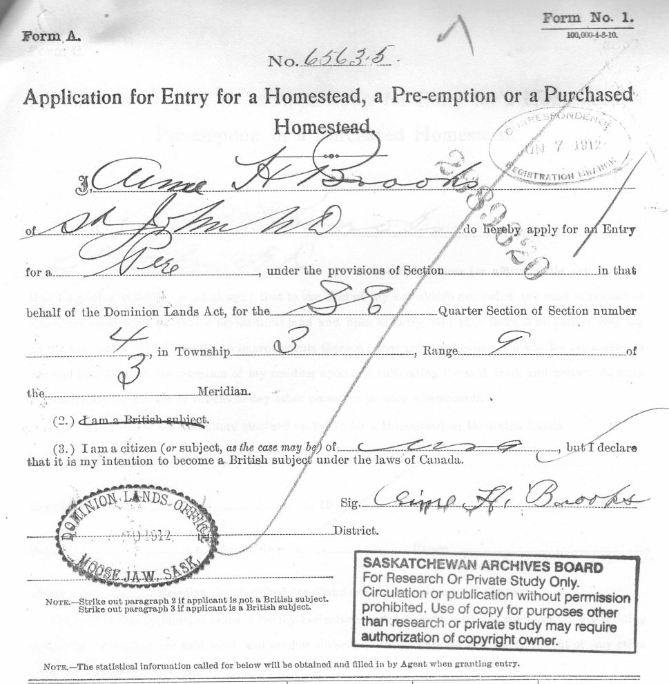 Form A Application for Pre-Emption property in Lafleche Saskatchewan - Aimé  Brooks